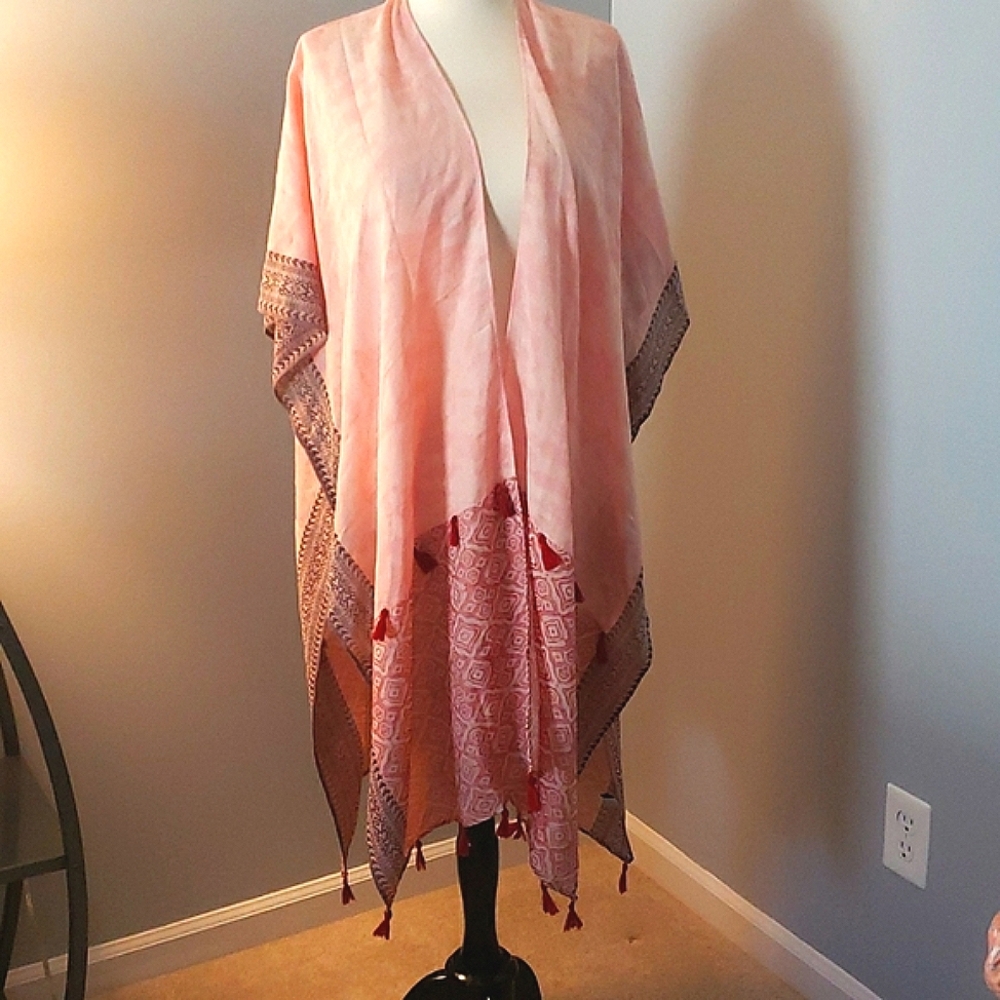 LONG BOHO DUSTER KIMONO SWIM COVER UP PINK RED BROWN PEACH AZTEC TASSLES…